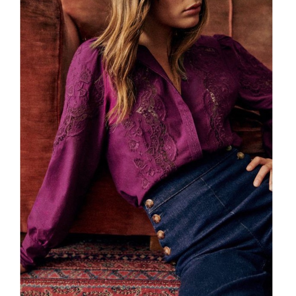 SEZANE Purple Boho Floral Embroidered Lace Button Down Shirt Honey Blouse Top - Picture 4 of 13